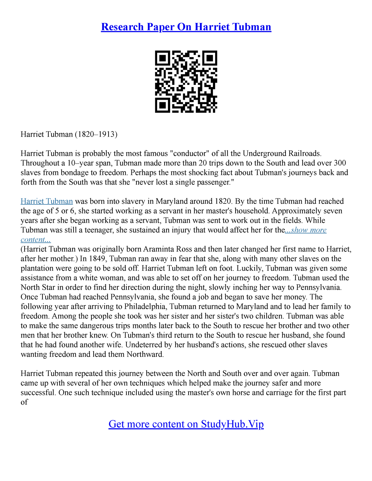 harriet tubman research paper