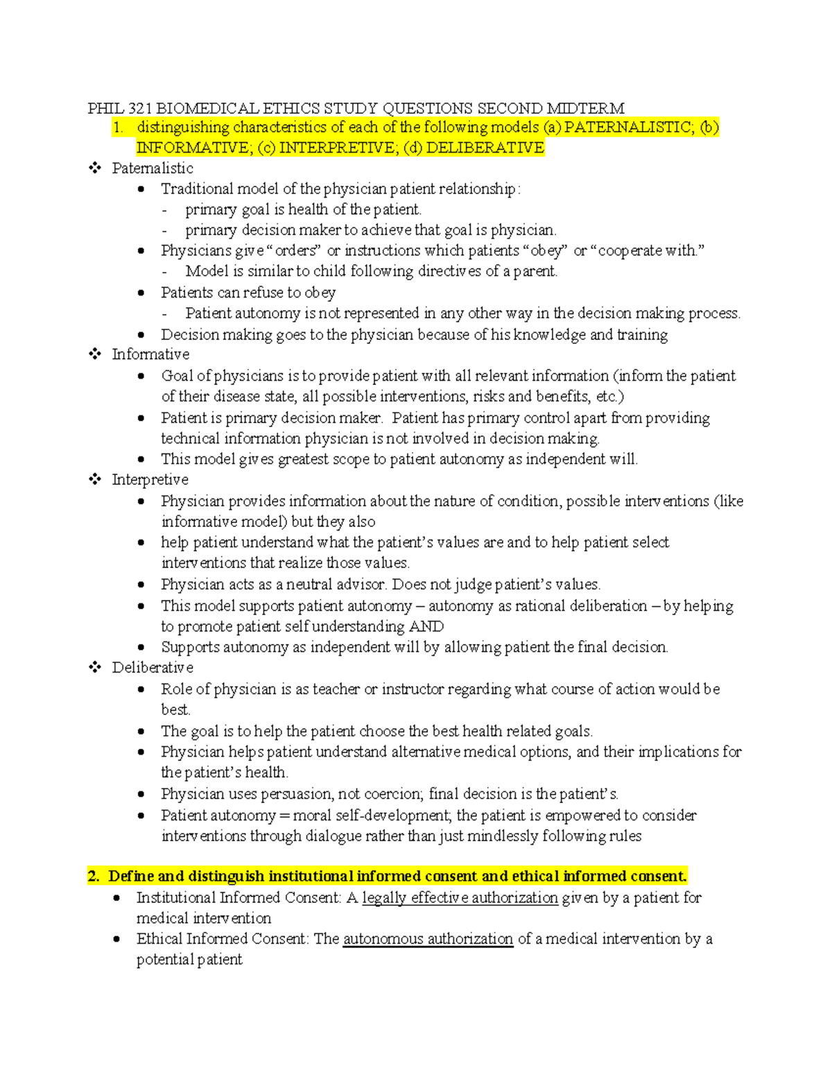 Midterm 2 Study Guide - PHIL 321 BIOMEDICAL ETHICS STUDY QUESTIONS ...