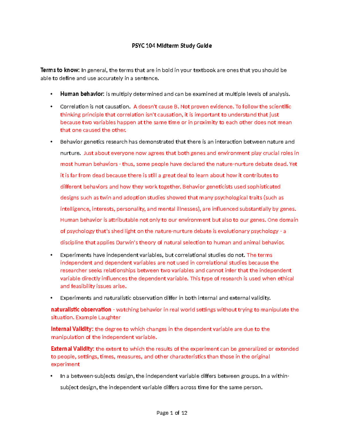 Midterm study guide - PSYC 104 Midterm Study Guide Terms to know: In ...