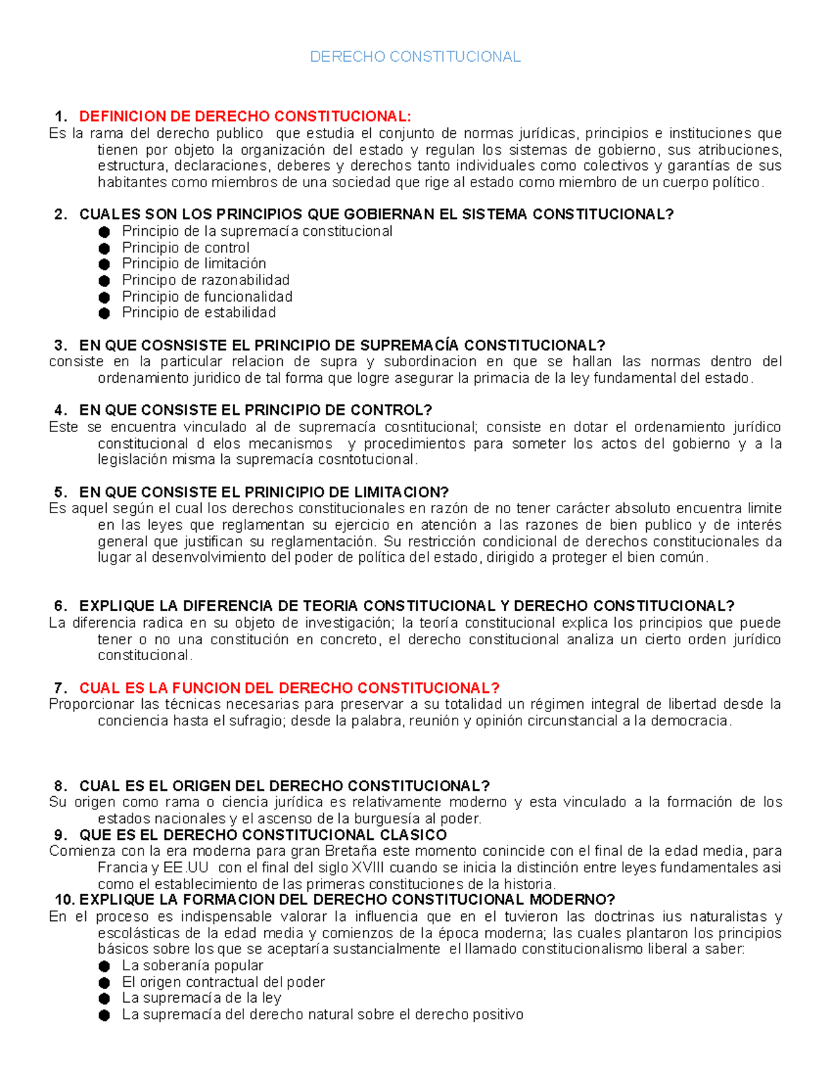 Cuestionario Consti - DERECHO CONSTITUCIONAL 1. DEFINICION DE DERECHO ...