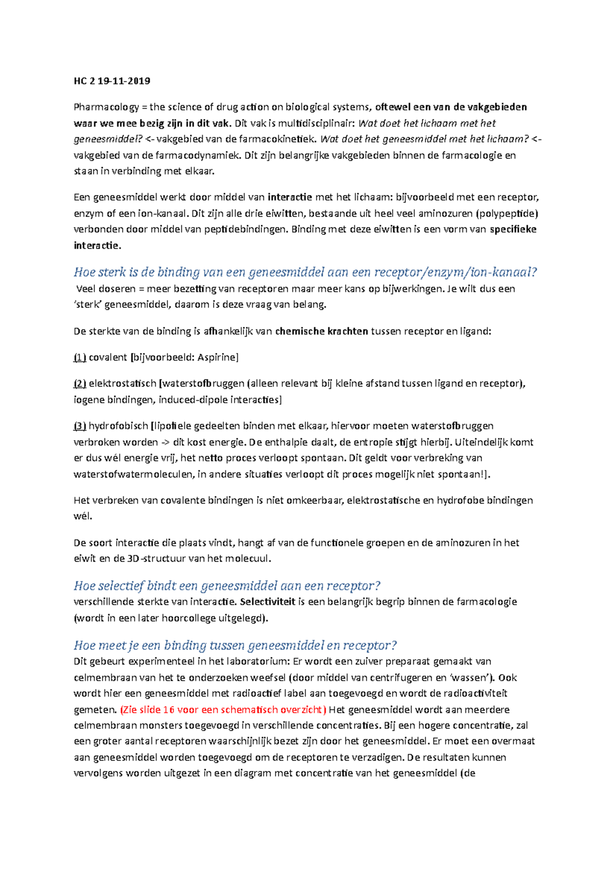 Samenvatting Aan De Hand Van Hoorcolleges HC 2 19 11 Pharmacology