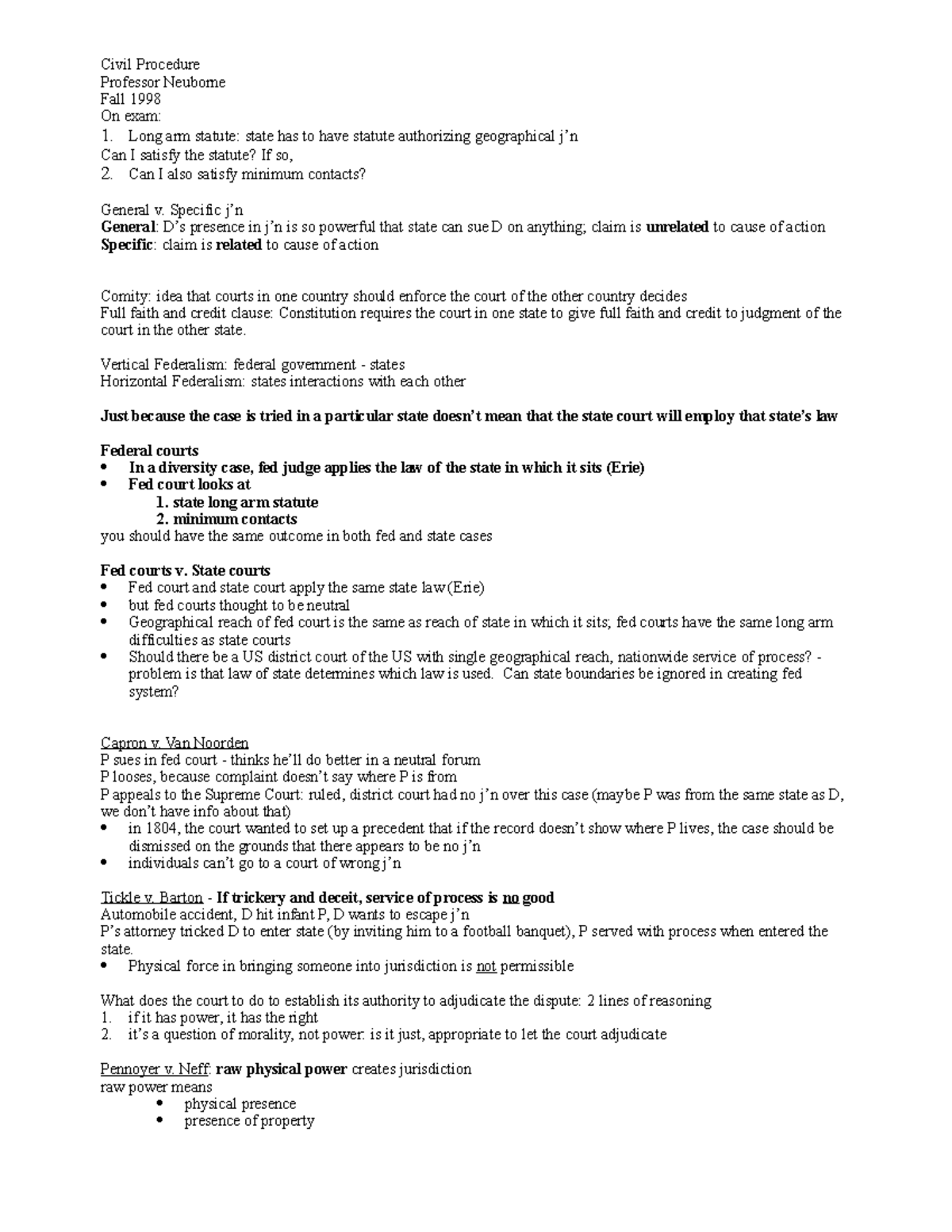Civ Proc Cases Outline Civil Procedure Professor Neuborne Fall 1998 