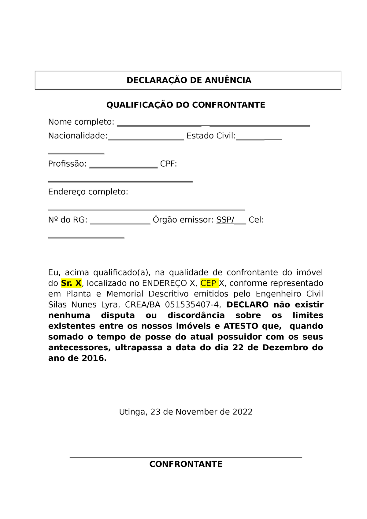 Declaração De Anuência DeclaraÇÃo De AnuÊncia QualificaÇÃo Do