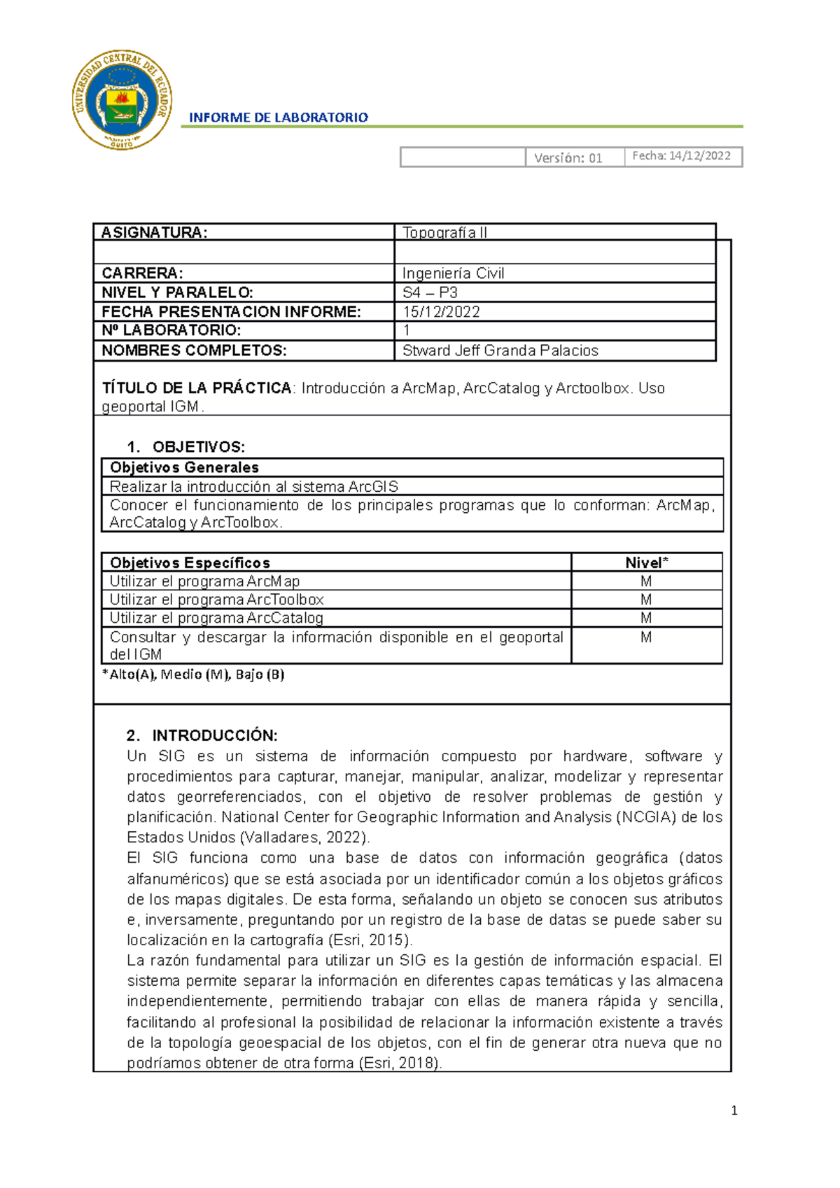 Informe Laboratorio 1 Ensayo Topografico Versión 01 Fecha 14 12