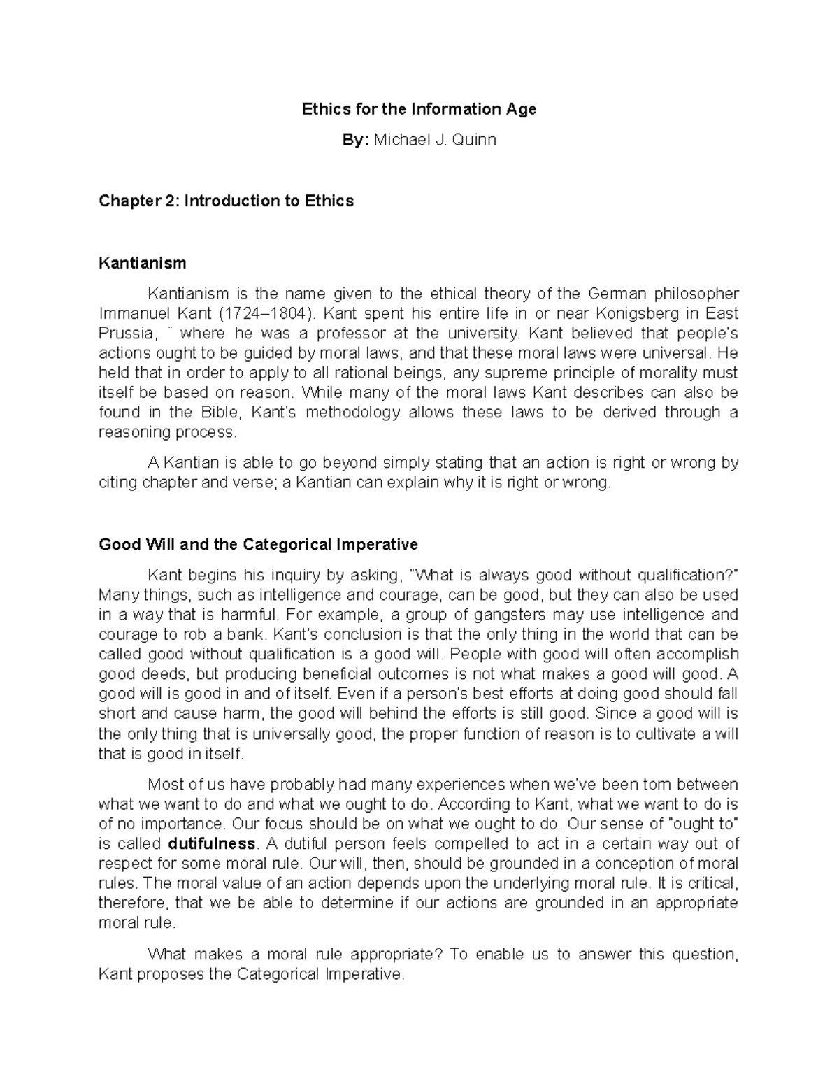 Chapter 2 Introduction to Ethics Kantianism - Ethics for the ...