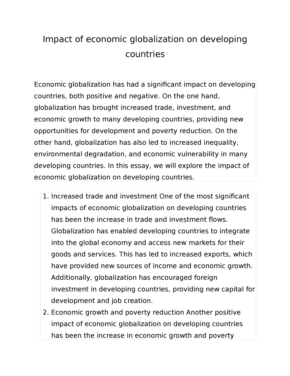 impact of globalization on developing countries essay