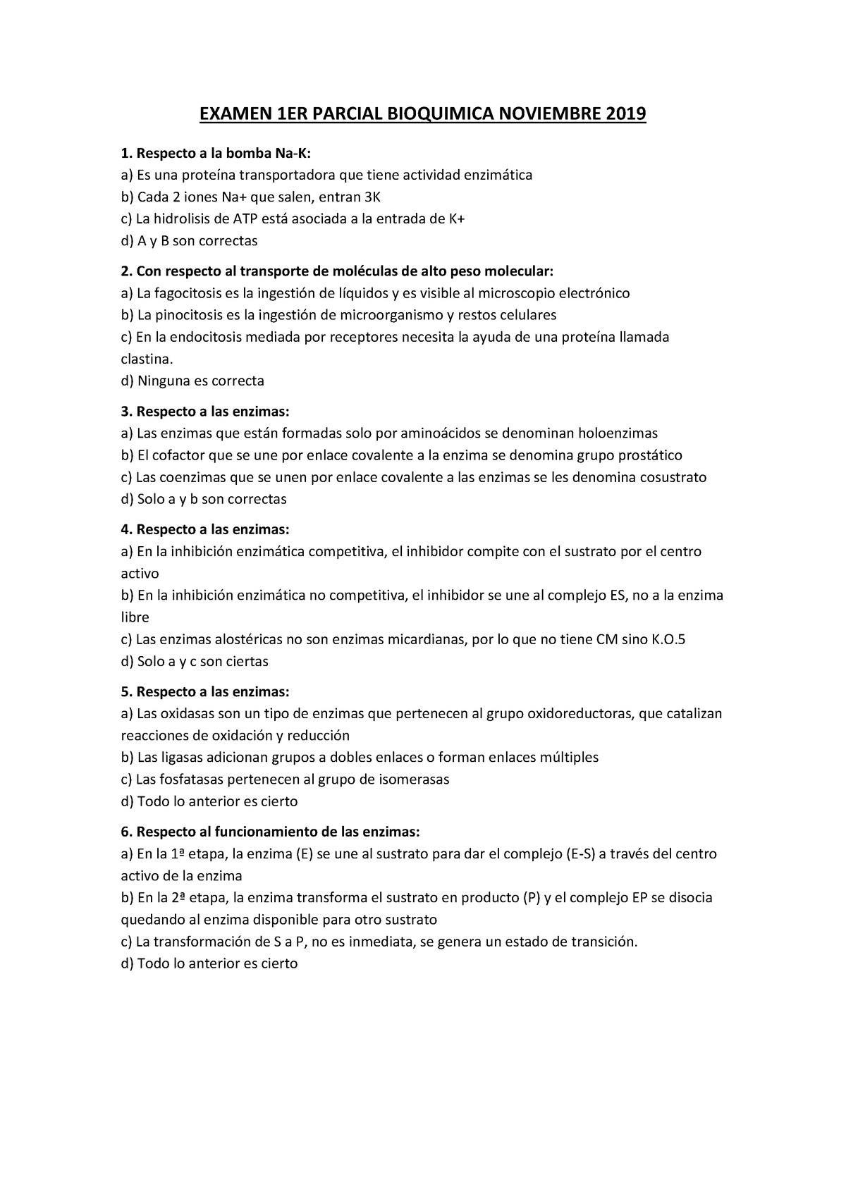 (SIN Respuestas) Free- Examen-1ER- Parcial- Bioquimica- Noviembre-2019 ...