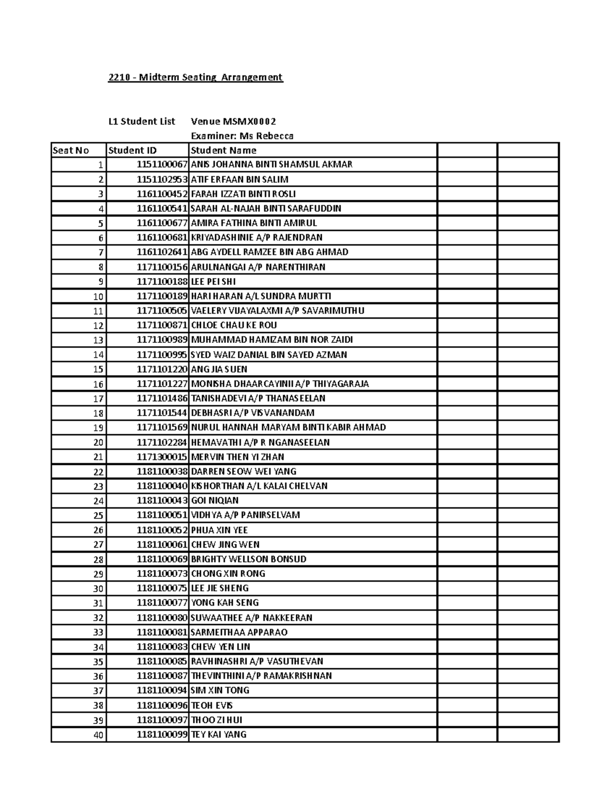 MIdterm Seating Student List - 2210 - Midterm Seating Arrangement L1