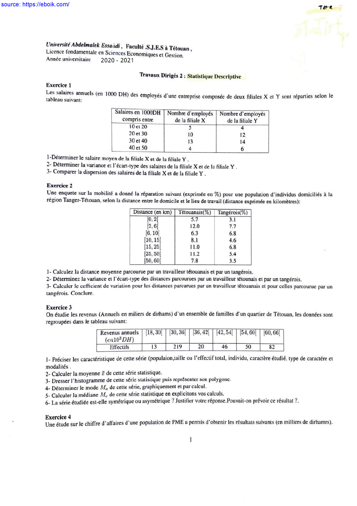 Statistique Descriptive TD SD Serie 2 - Sciences Economiques Et Gestion ...