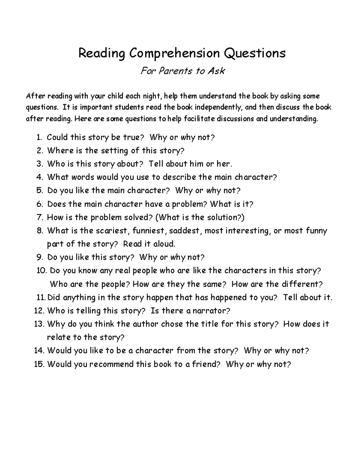 Reading Comprehension Questions - It is important students read the ...