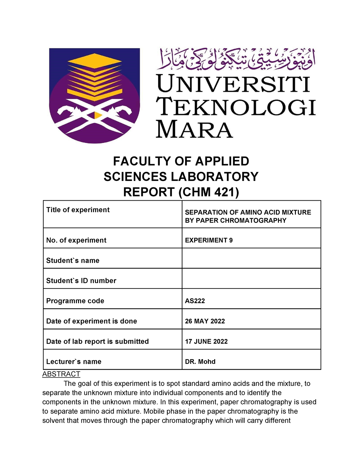 lab report experiment 9 chm421