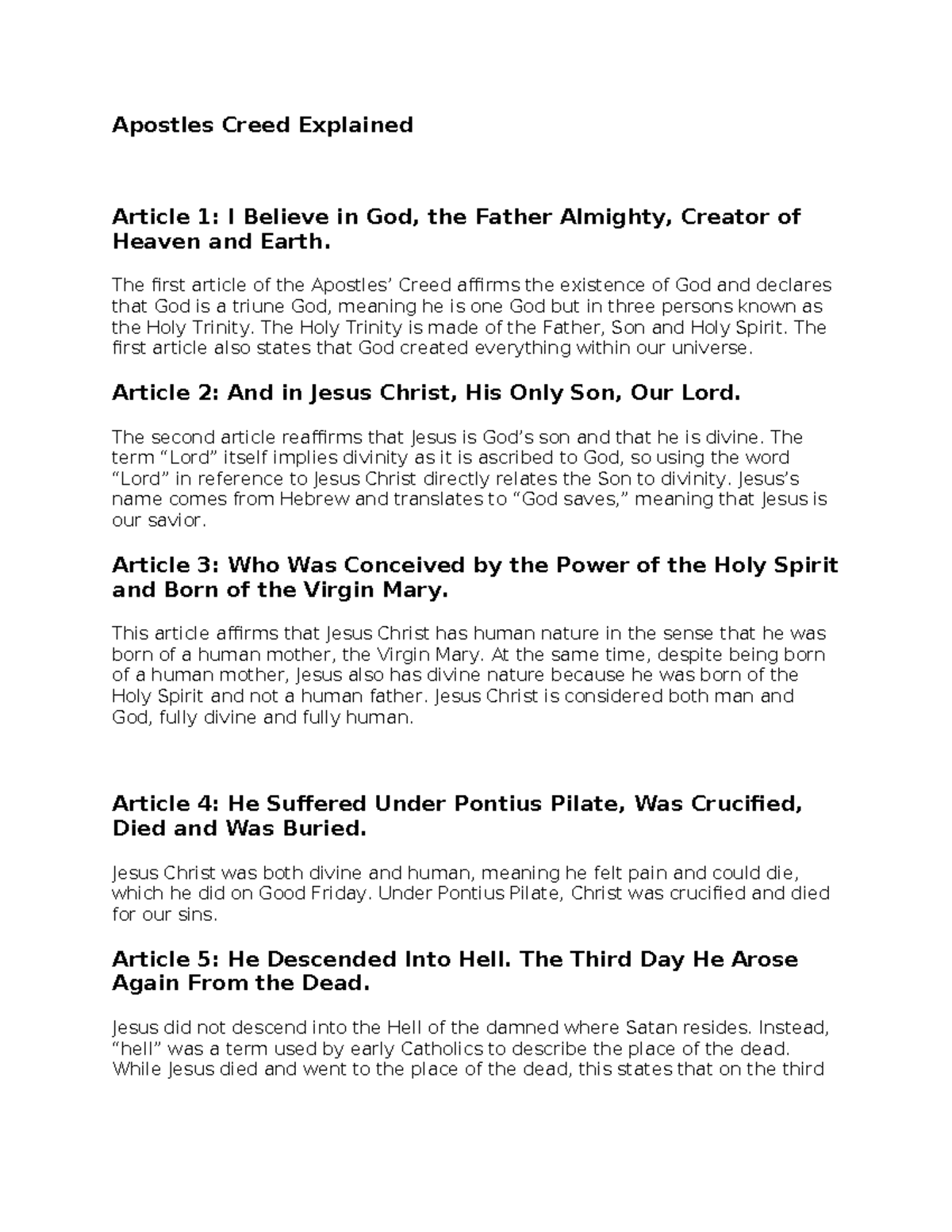 Jd Apostles Creed Explained Apostles Creed Explained Article 1 I