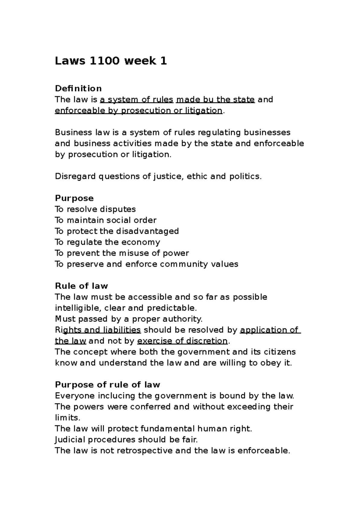 Laws 1100 week 1 simple summary. Laws 1100 week 1 Definition The