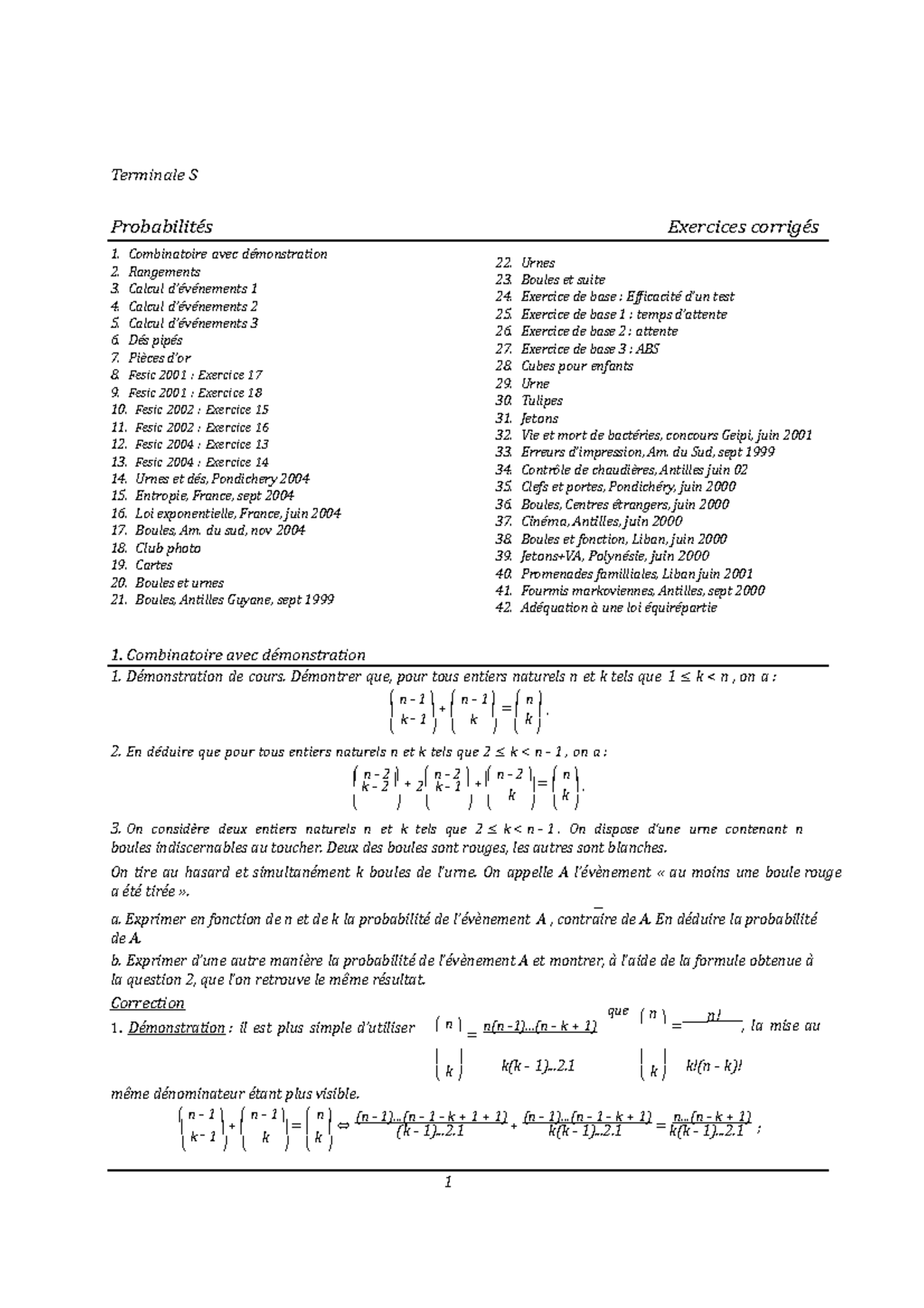 Exercices Corrigés Probabilités 1 Terminale S Probabilités Exercices Corrigés Probabilités 1 Terminale S Probabilités