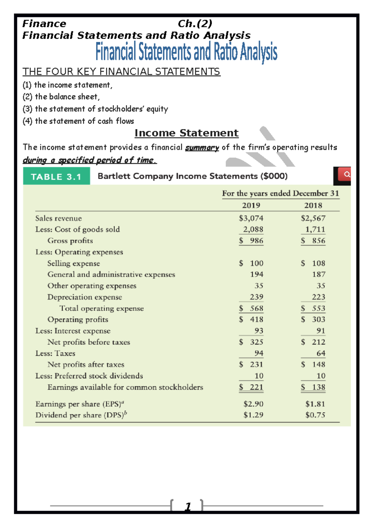 Finance Ch 3 - Financial Statements and Ratio Analysis THE FOUR KEY ...
