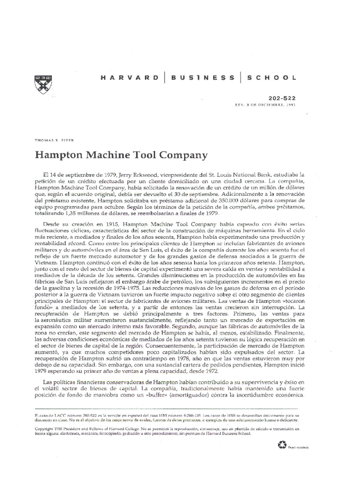 Hampton Machine Tool Company Administración De Operaciones Para