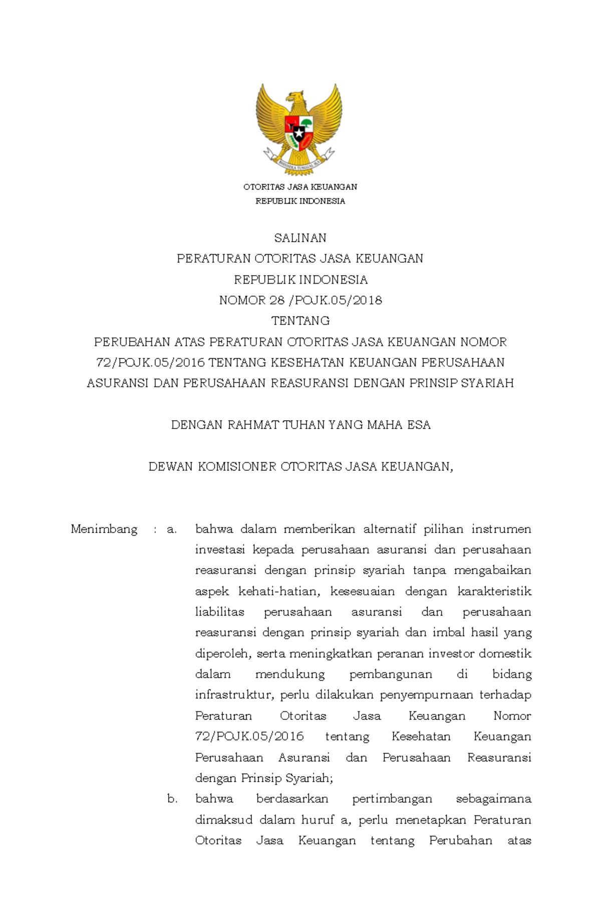 No 28 POJK.05 2018 (Kesehatan Keuangan Perusahaan) - OTORITAS JASA