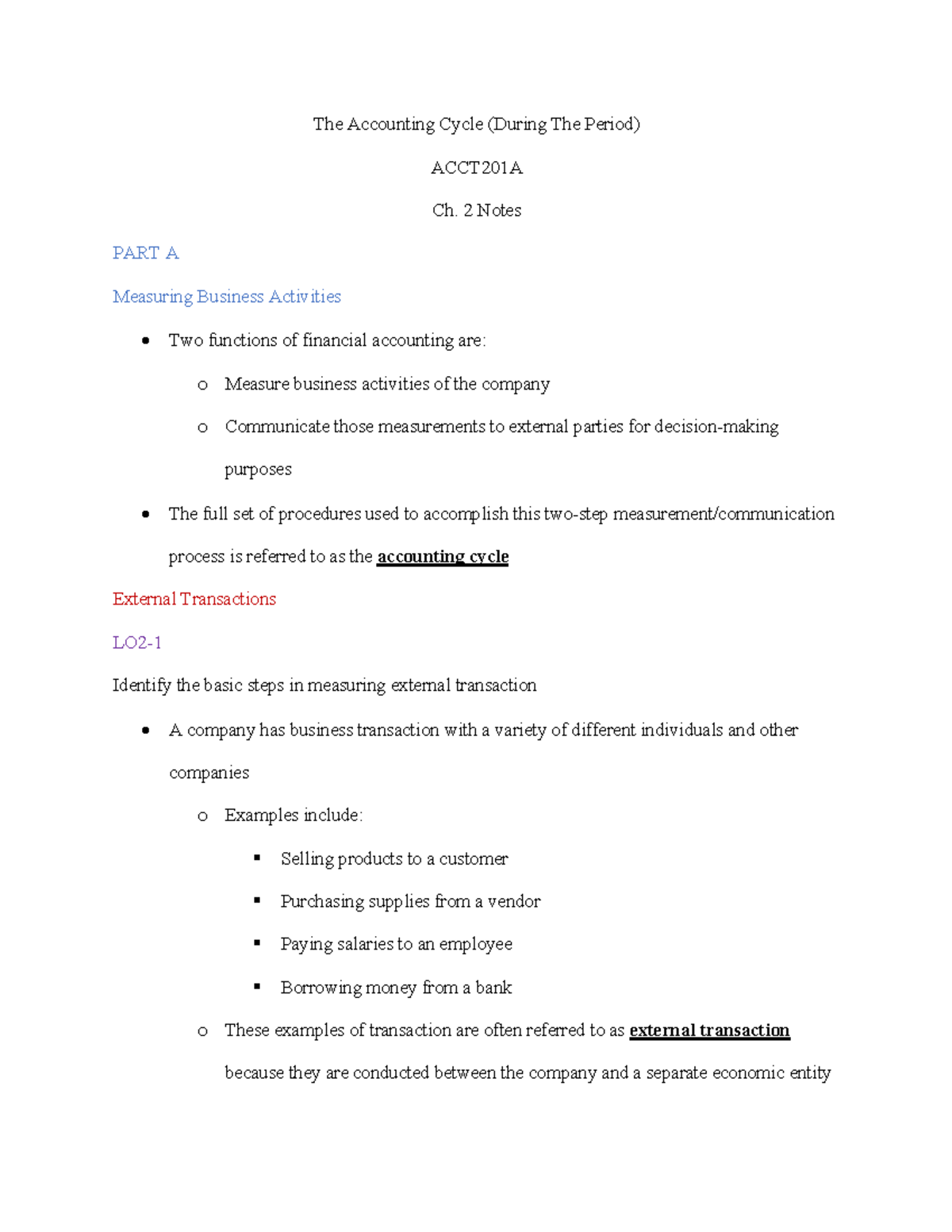 ACCT201A - Chapter 2 Notes - The Accounting Cycle (During The Period ...