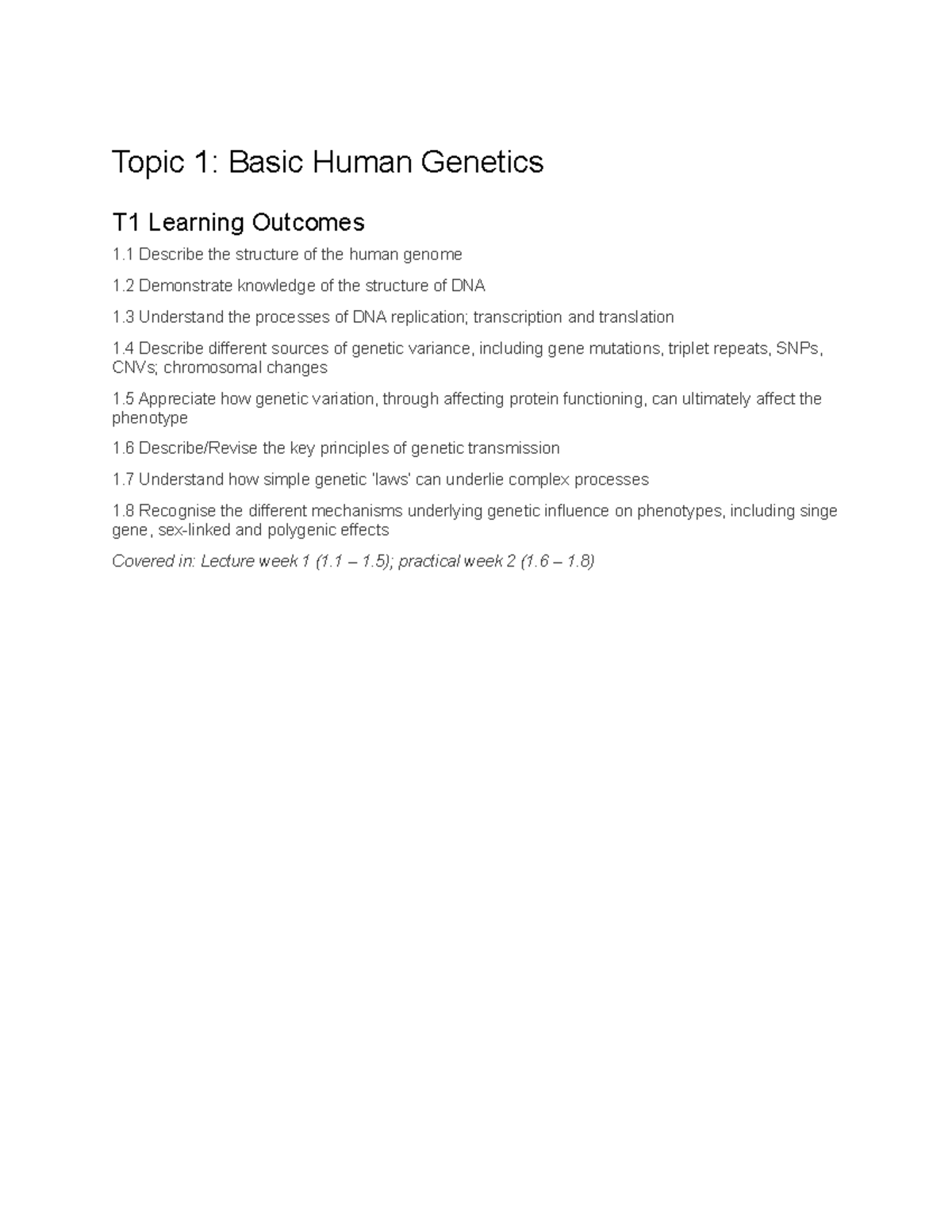 Week 1 - Basic Human Genetics - Topic 1: Basic Human Genetics T1 ...