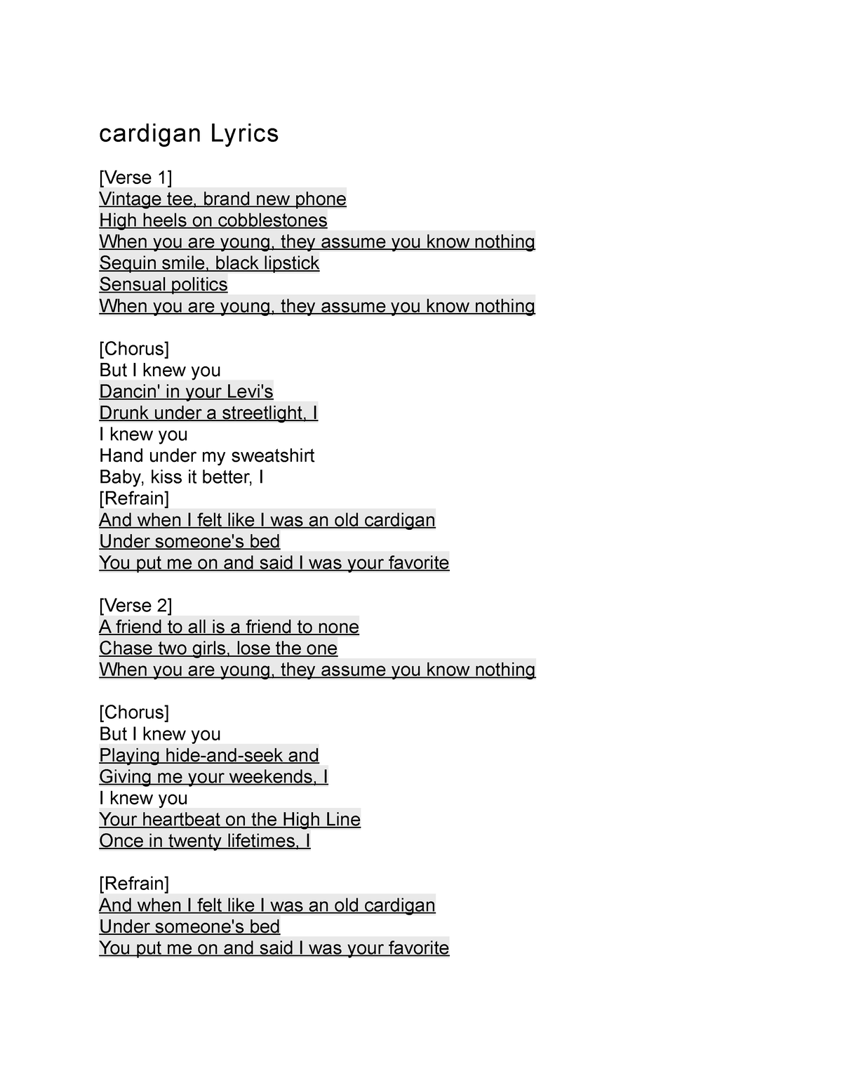 cardigan (1/2) in 2023  Taylor swift lyrics, Taylor lyrics