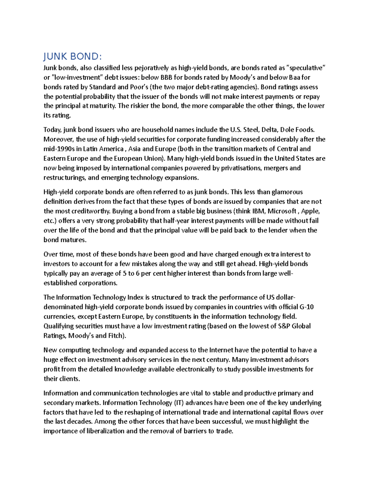 JUNK BOND - case study - JUNK BOND: Junk bonds, also classified less ...