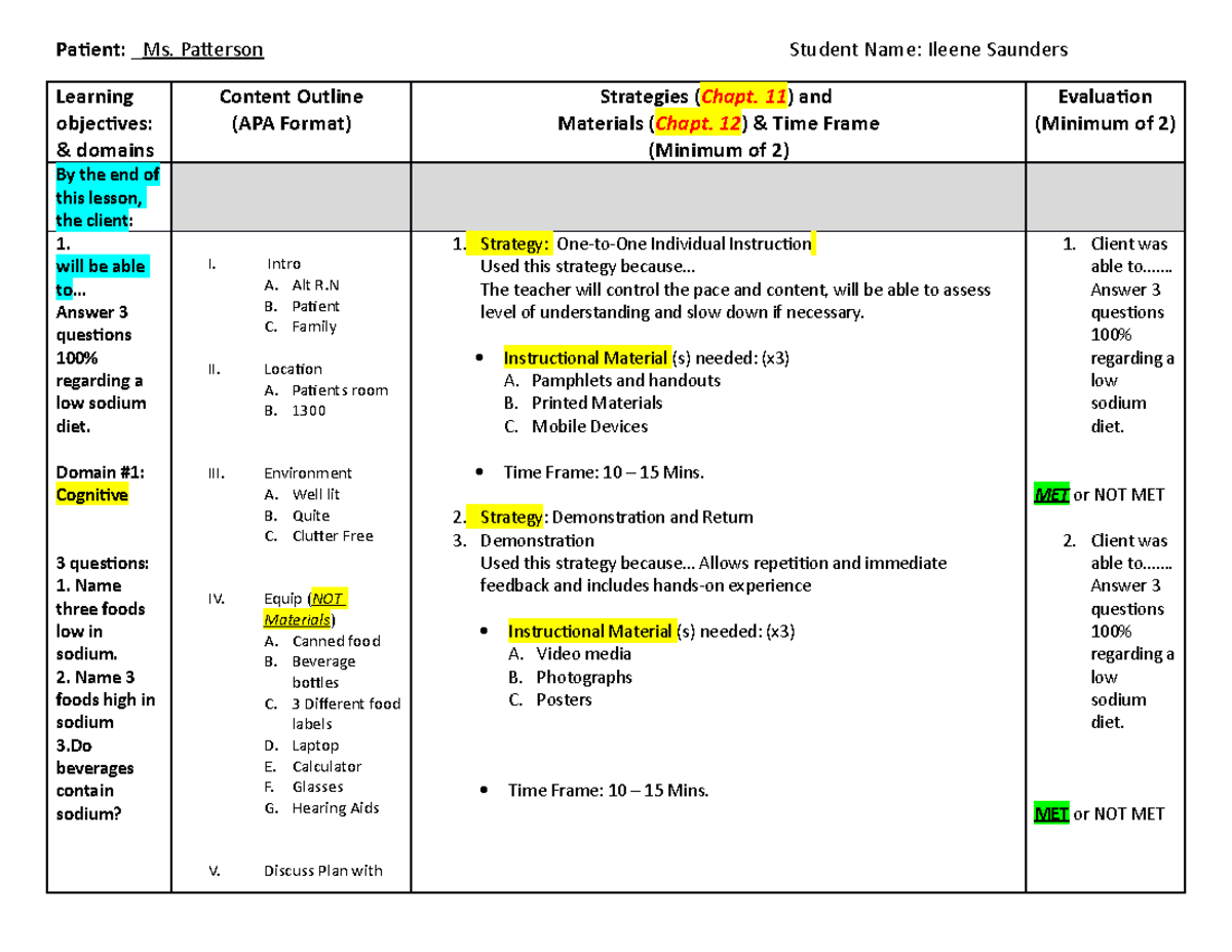 Teaching plan for fundamentals of nursing Patient _Ms. Patterson