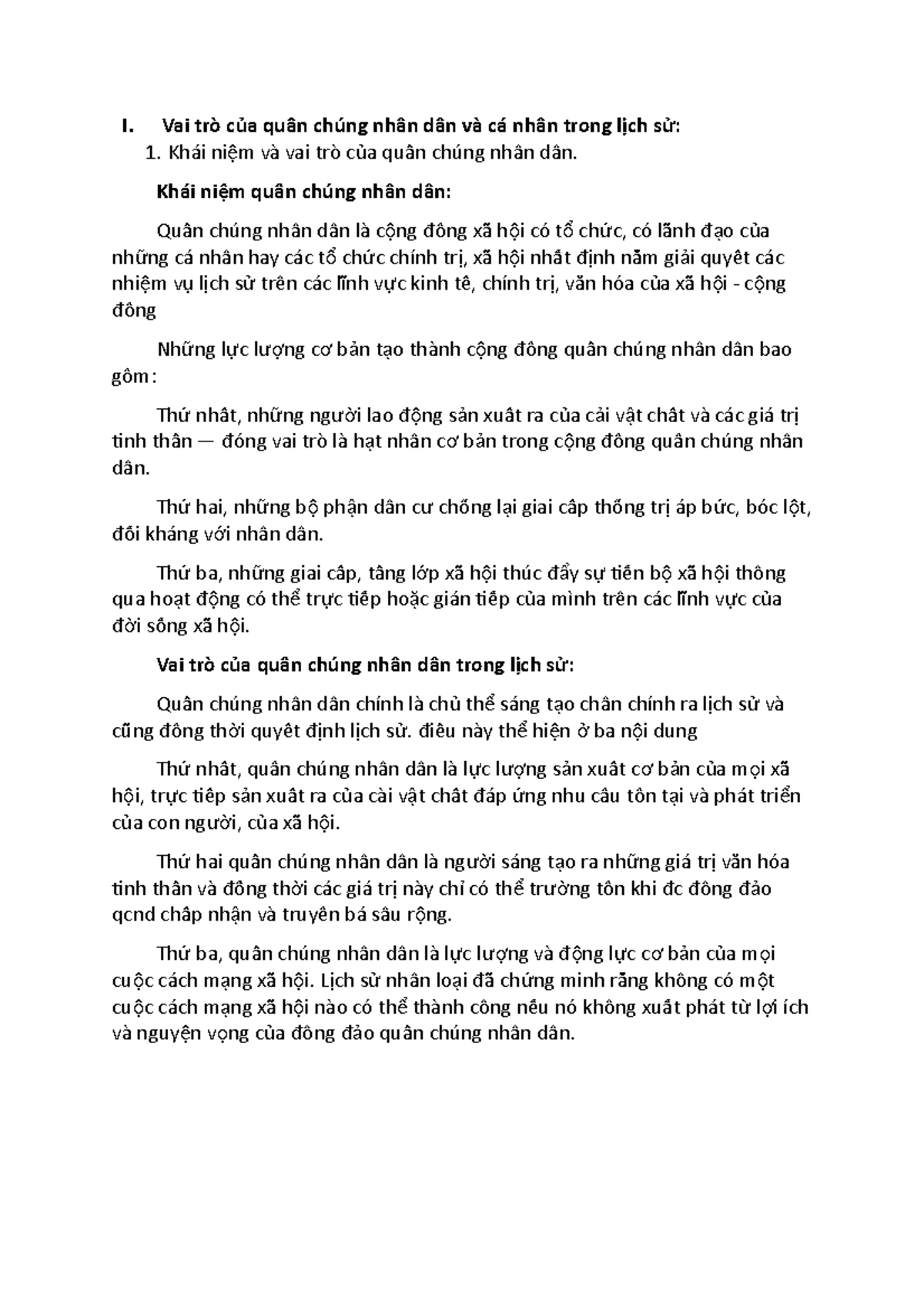 Vai trò của quần chúng nhân dân và cá nhân trong lịch sử - I. Vai trò c ...