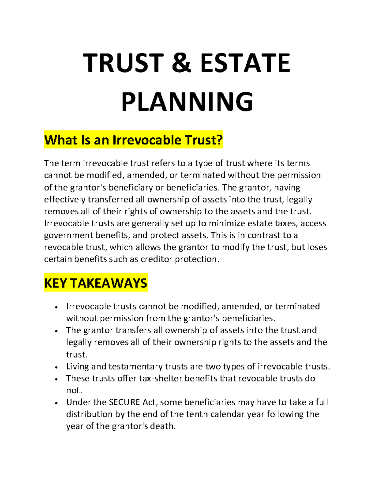 Trust And Estate Planning Full Detailed Notes Trust And Estate Planning