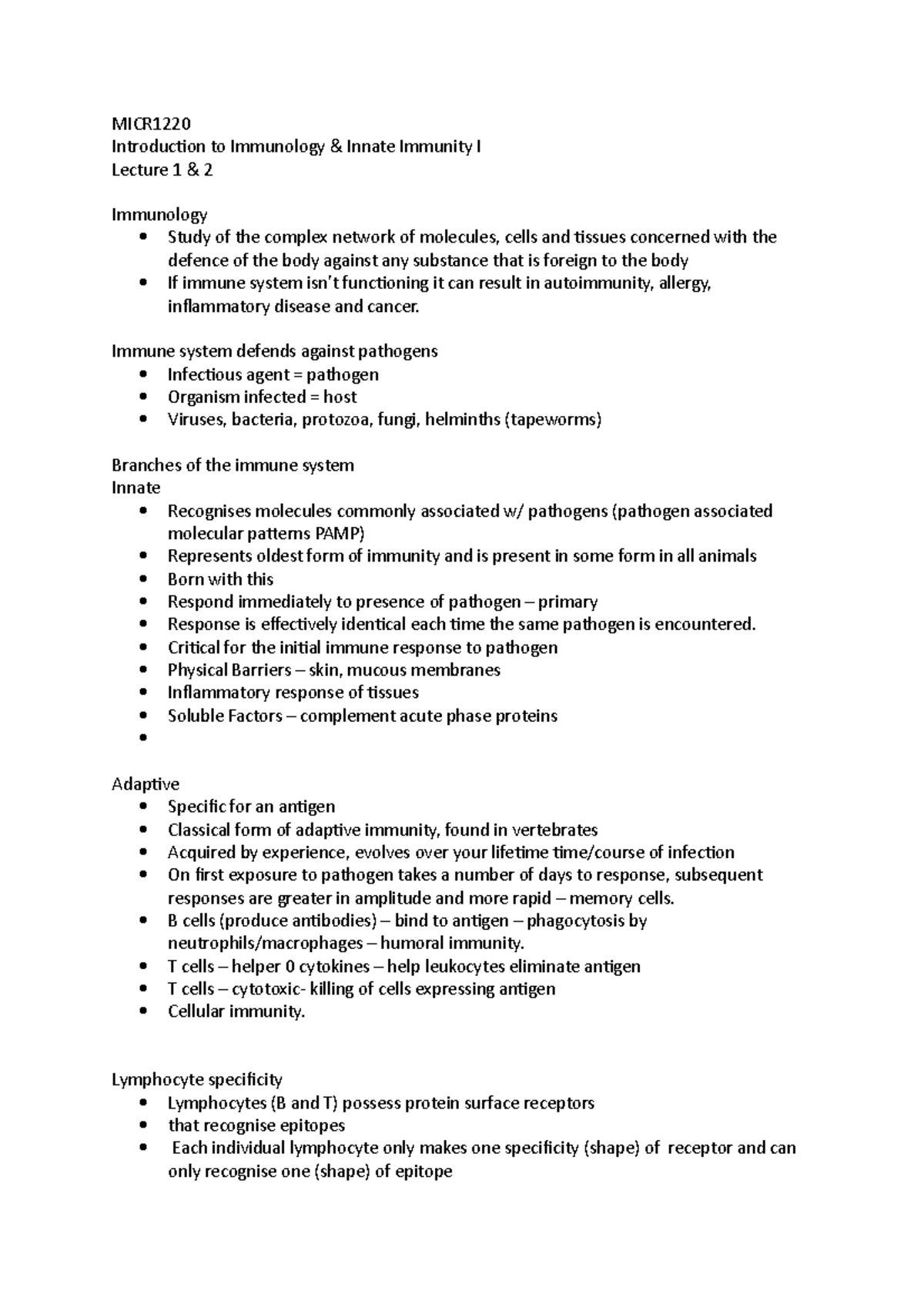 Lecture 1 + 2 Innate immunity - MICR Introduction to Immunology ...