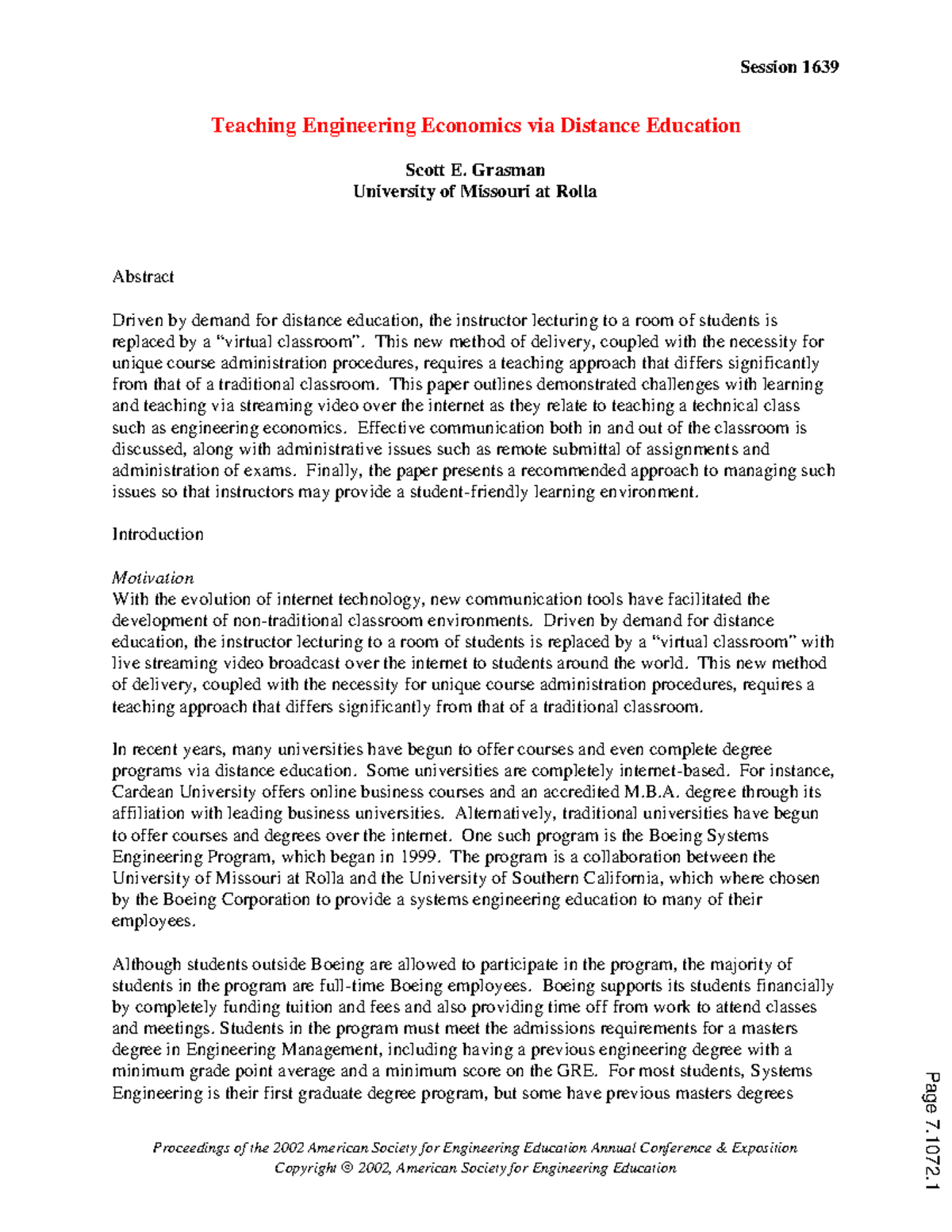 Teaching engineering economics via distance education Session 1639