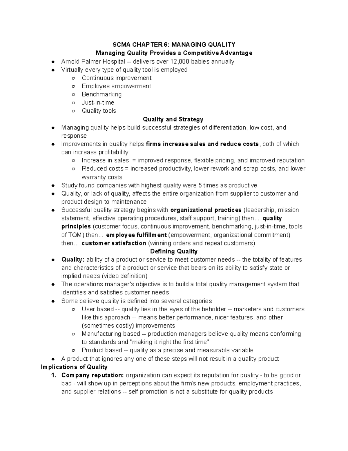 SCMA 331 Chapter 6 Notes - SCMA CHAPTER 6: MANAGING QUALITY Managing ...