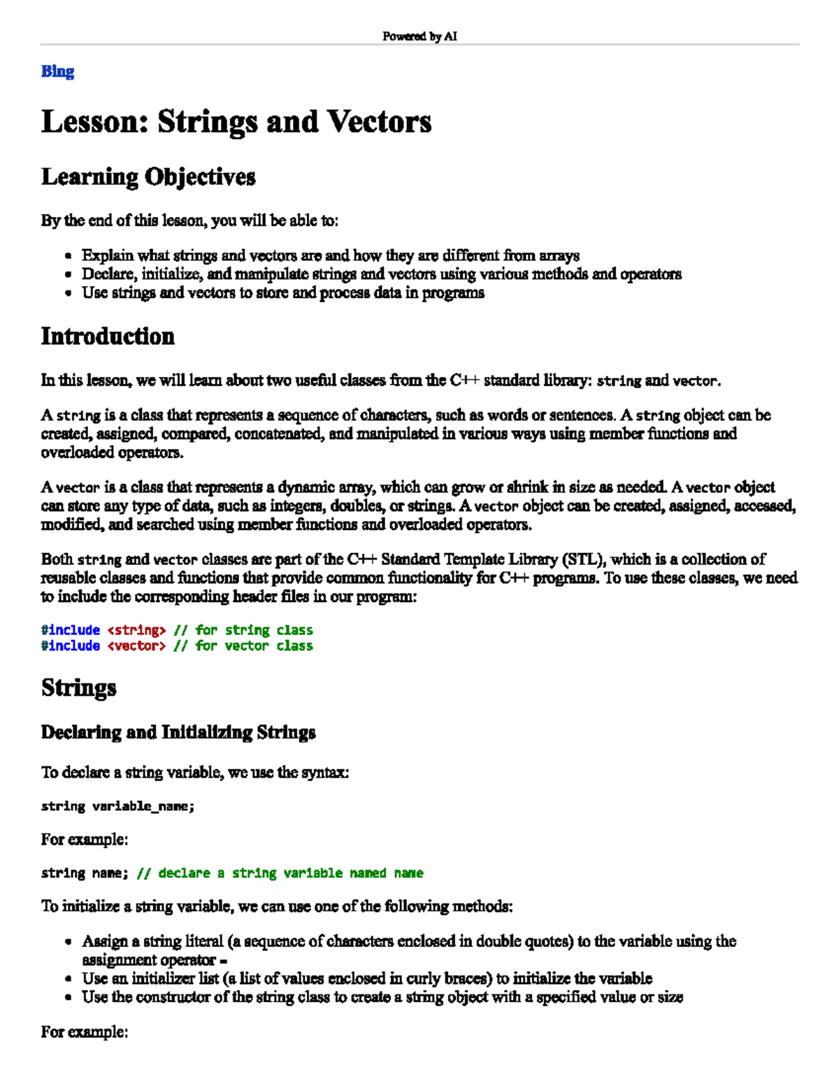 Chapter 8 summary - Powered AI Bing Lesson: Strings and Vectors ...