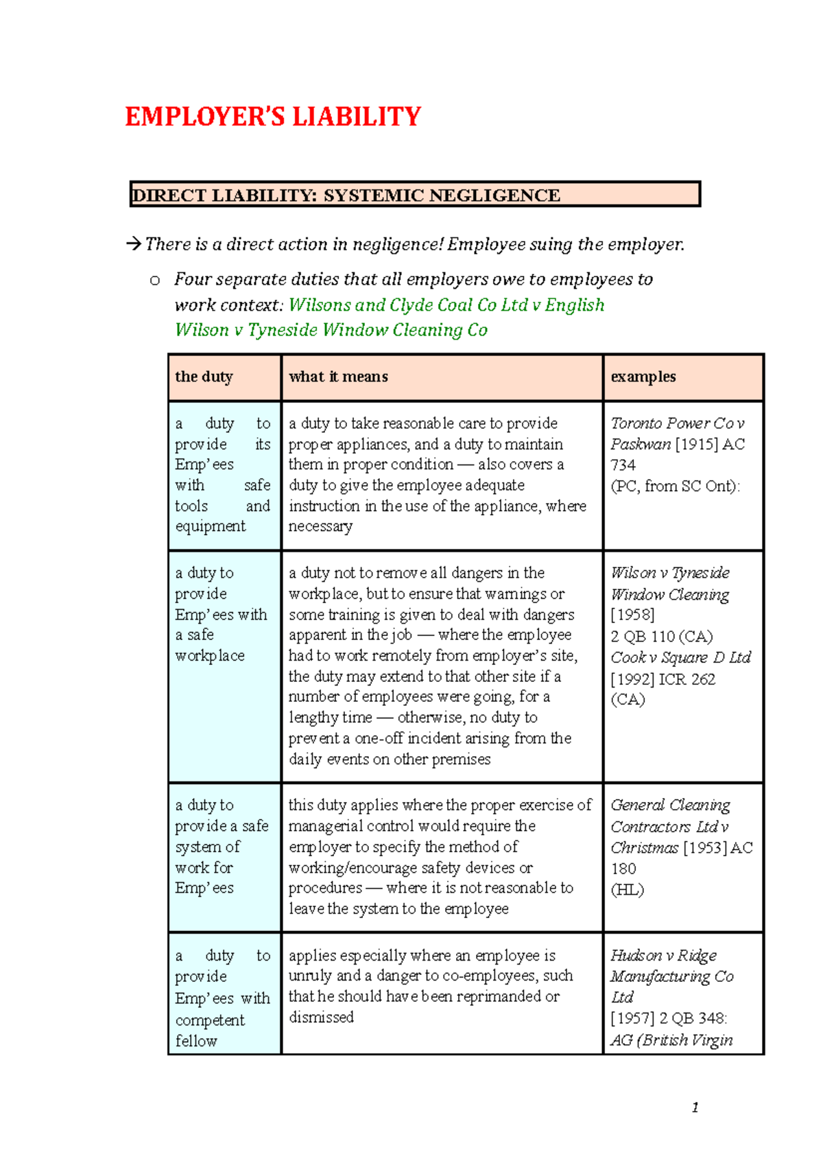 Employer's liability helpful notes EMPLOYER’S LIABILITY DIRECT