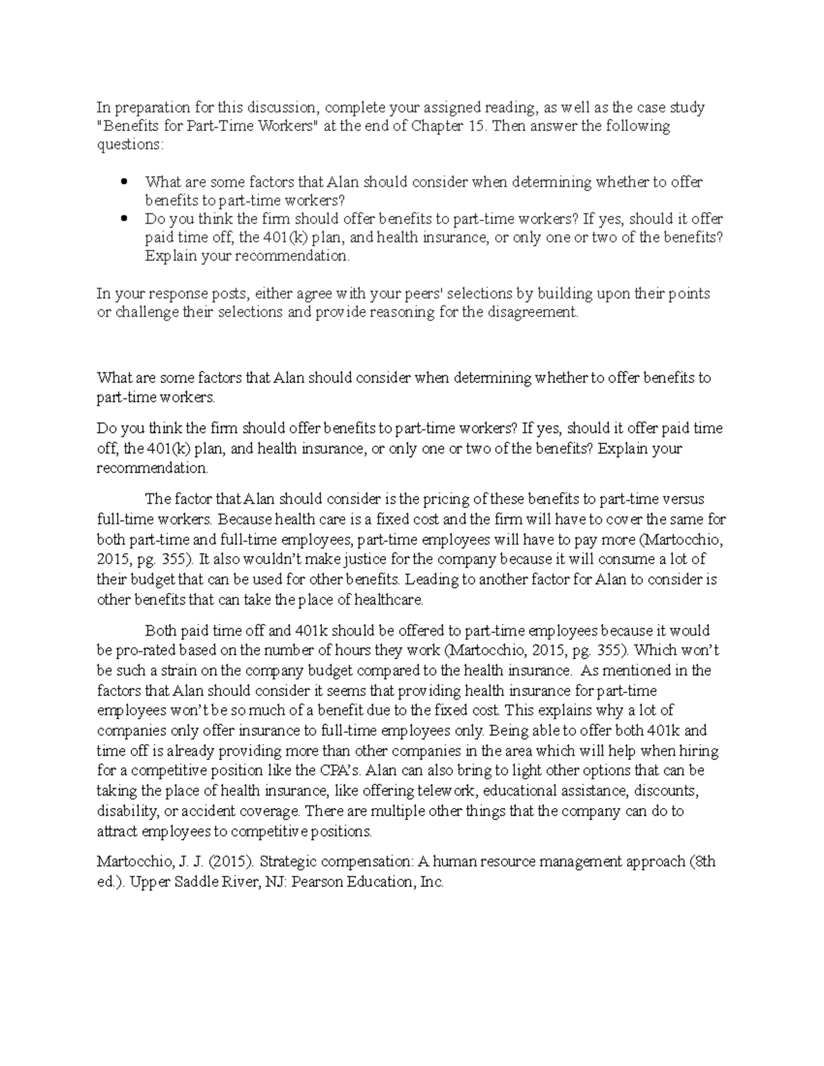 61 Discussion Benefits for PartTime Workers In preparation for this