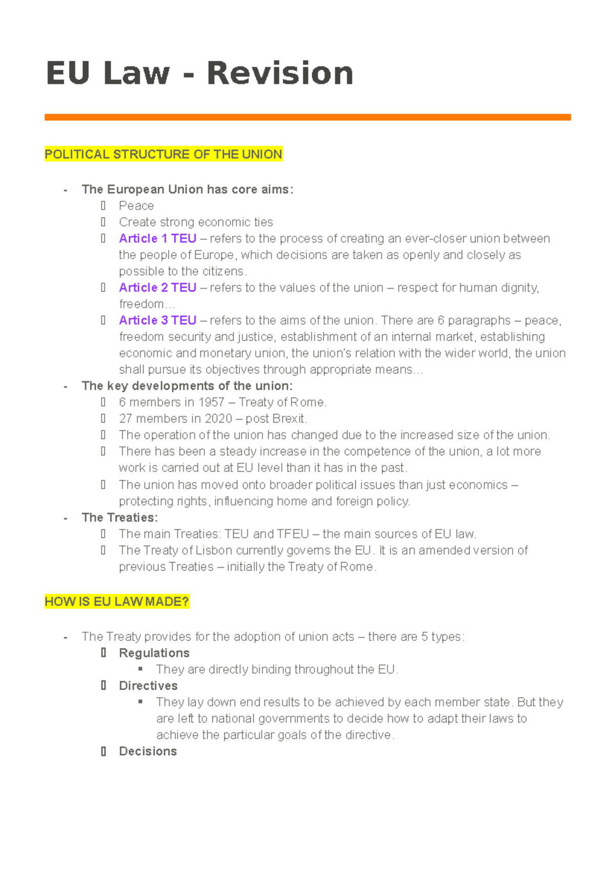 EU Law - Revision - EU Law - Revision POLITICAL STRUCTURE OF THE UNION ...