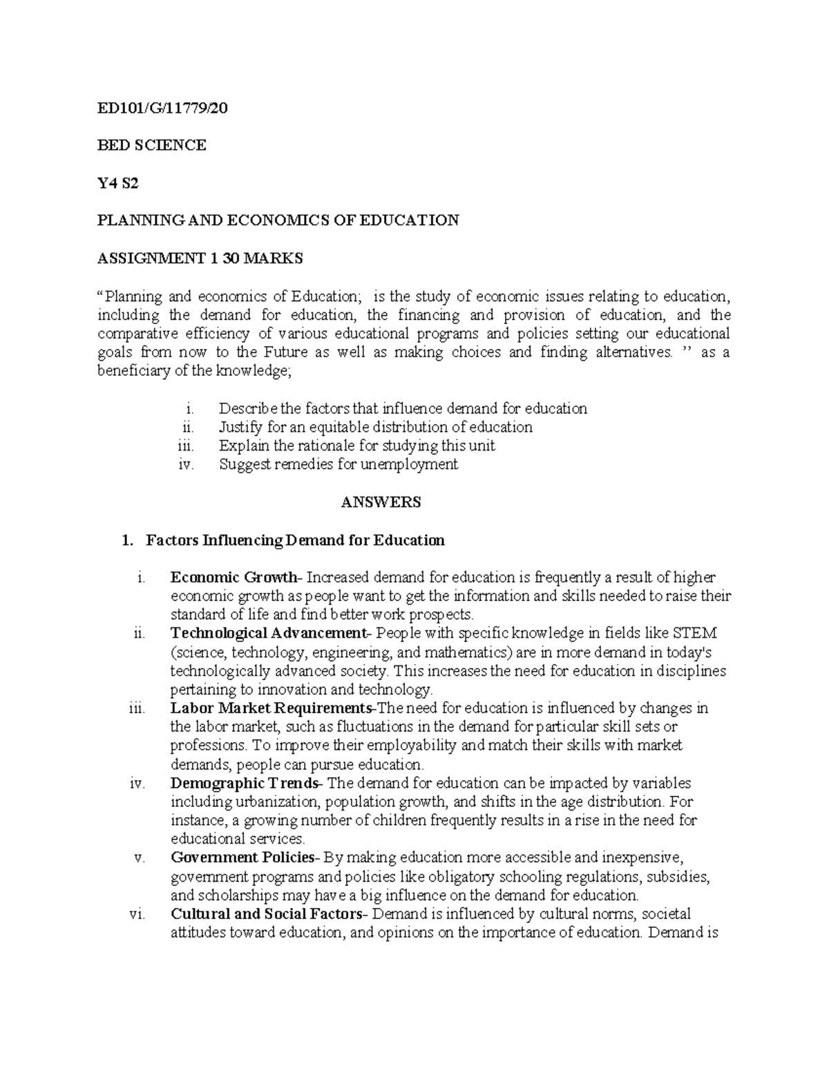 Assignment - ED101/G/11779/ BED SCIENCE Y4 S PLANNING AND ECONOMICS OF ...