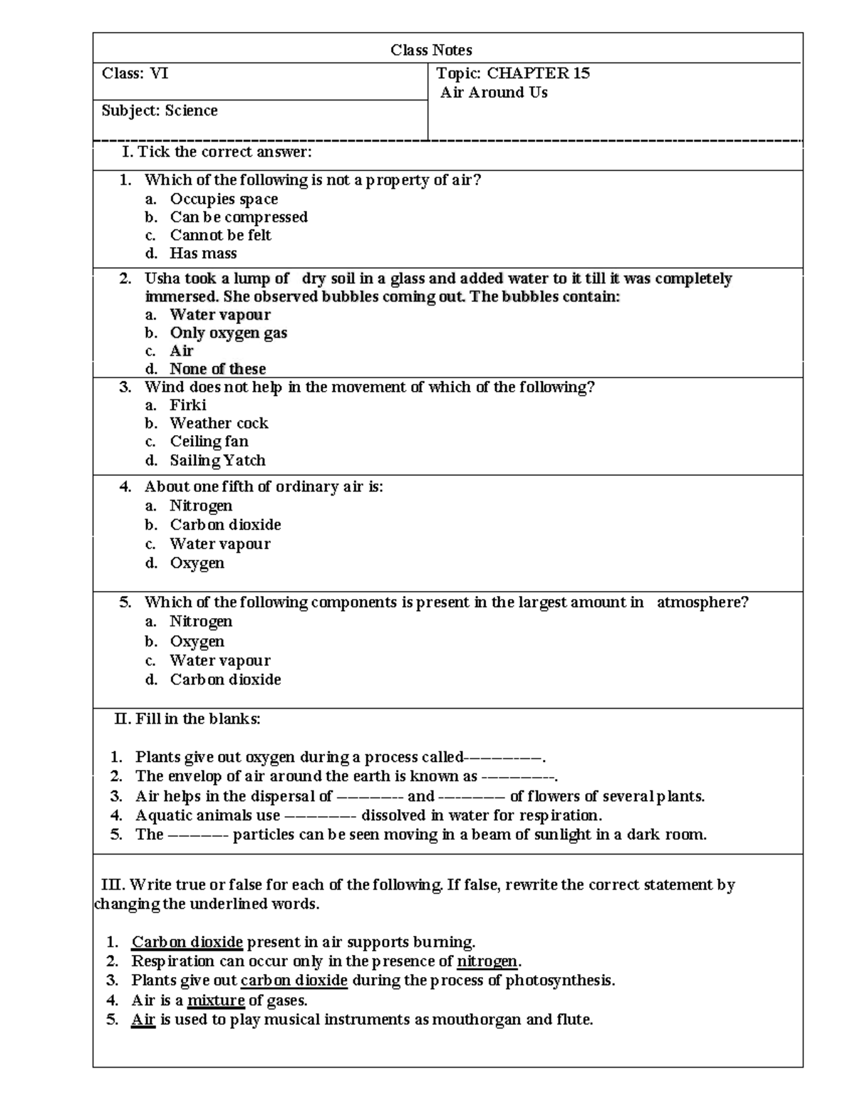 6-Sc - evs - Class Notes Class: VI Topic: CHAPTER 15 Air Around Us ...