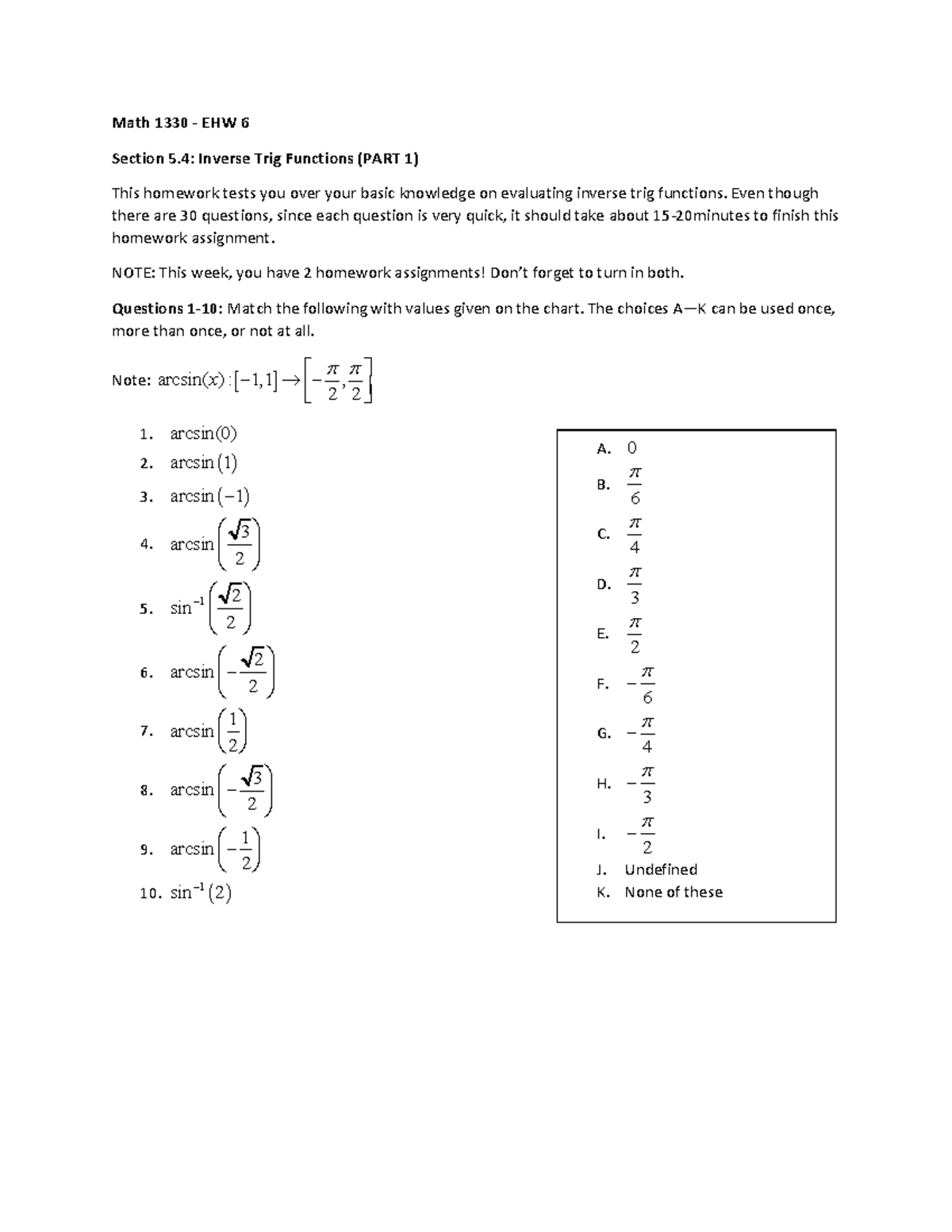 1330 ehw6 short HW f - Calc - Math 1330 - EHW 6 Section 5: Inverse Trig ...