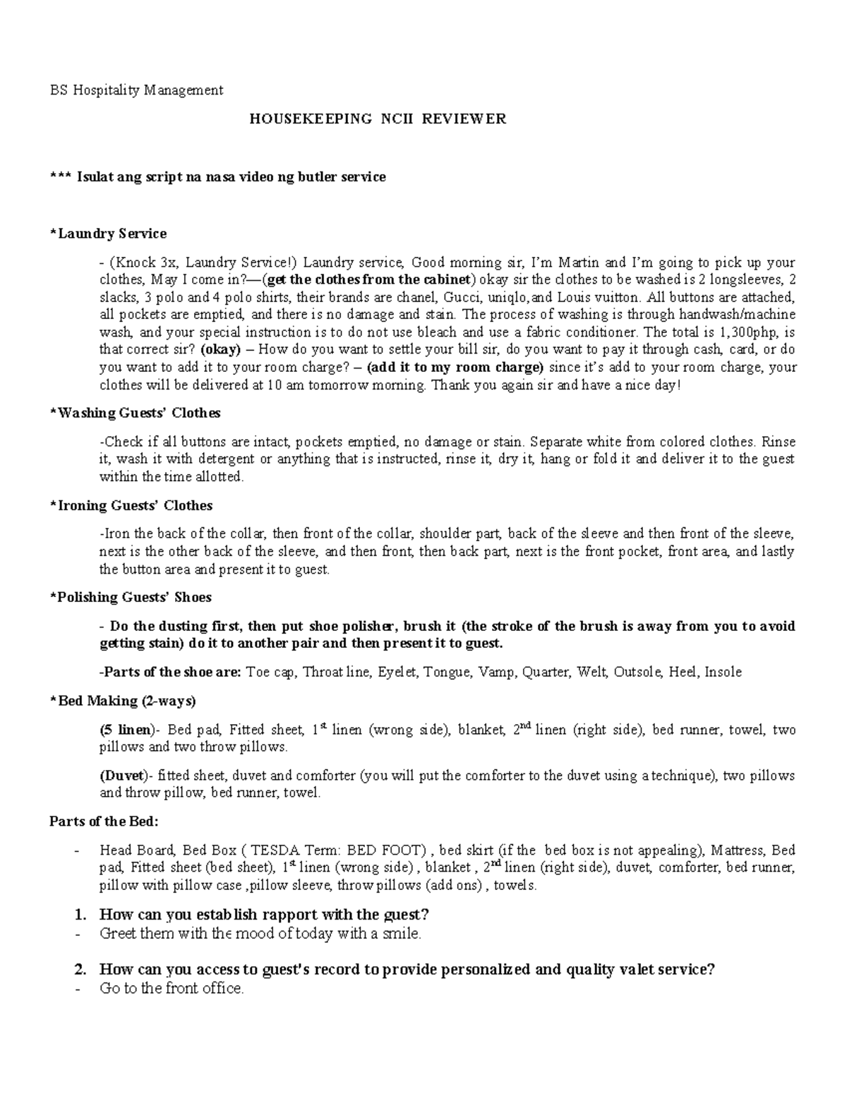 HK-NC-2 - None - BS Hospitality Management HOUSEKEEPING NCII REVIEWER ...