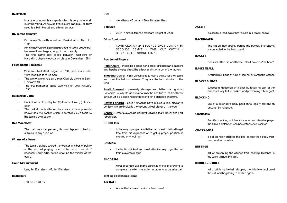 PE-REV2 - PHYSICAL EDUCATION - Basketball - Is a type of indoor team ...