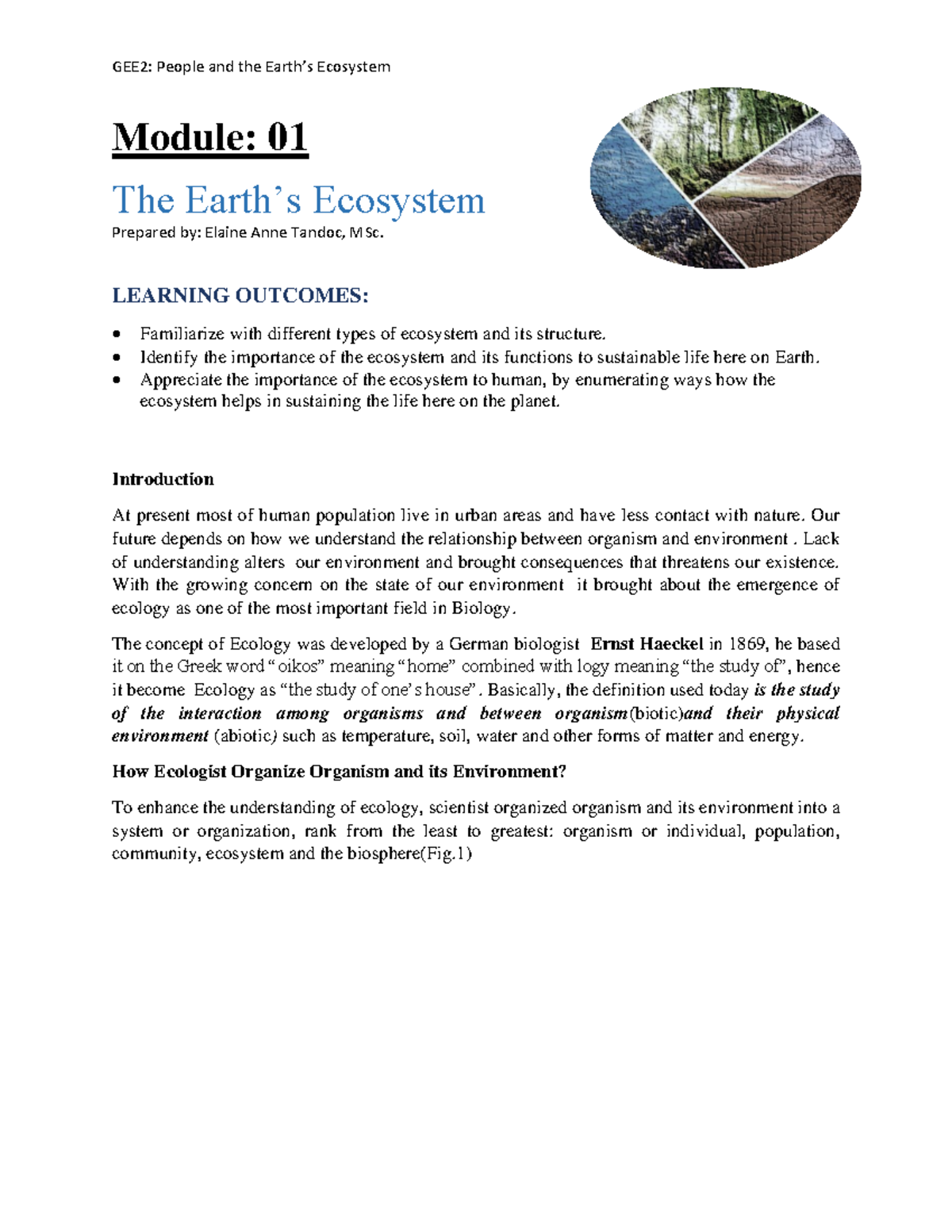 Module-1-The-Earths-Ecosystem - Module: 01 The Earth’s Ecosystem ...