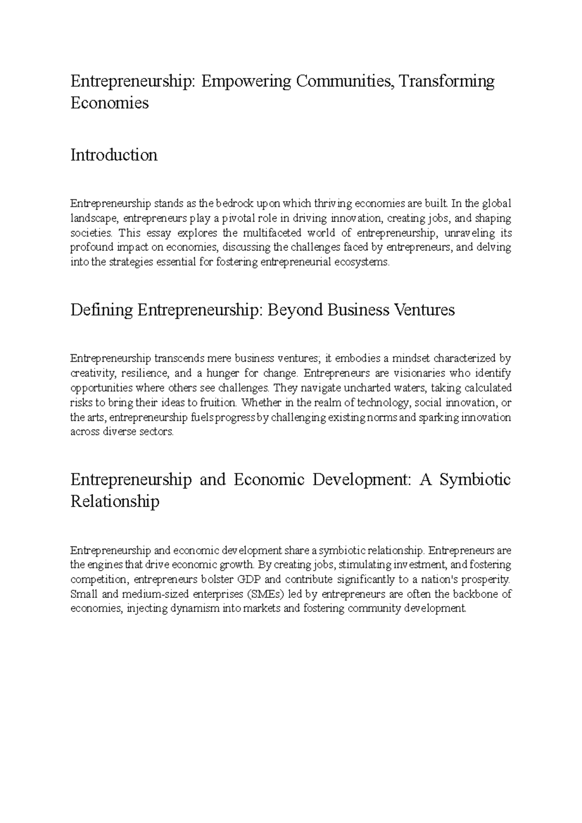 Entrepreneurship Essay - Entrepreneurship: Empowering Communities ...