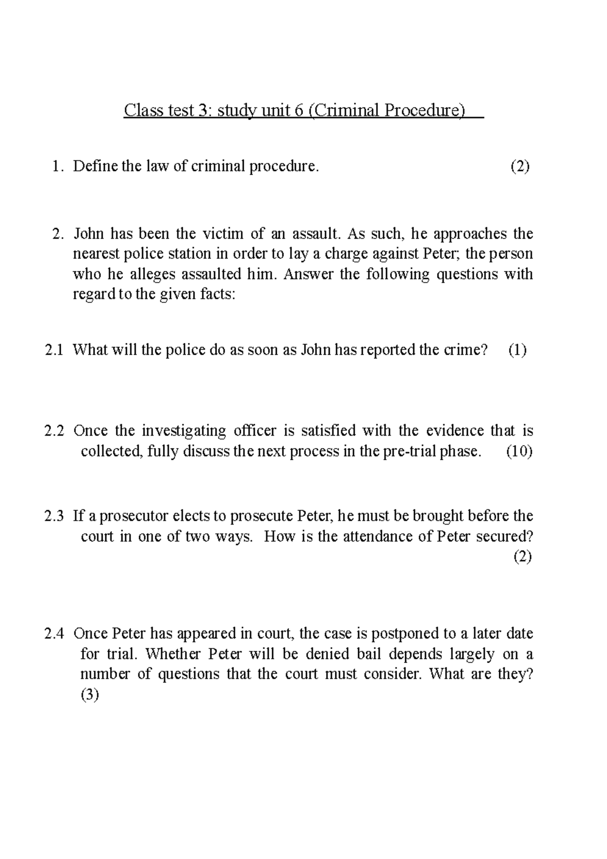 Class Test 3 (unit 6 - Criminal Procedure) - Class Test 3: Study Unit 6 ...