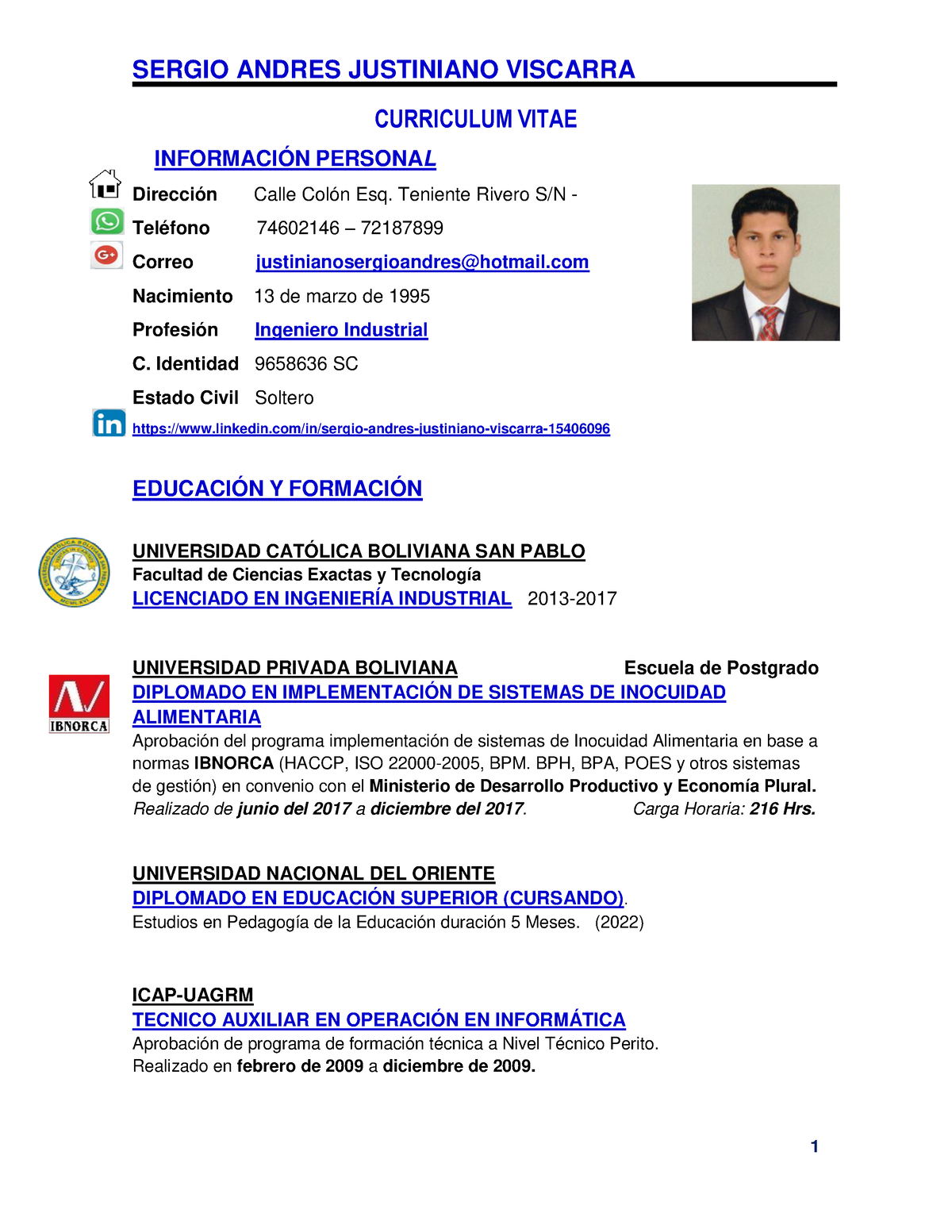 Curriculum Vitae Documentado - SERGIO ANDRES JUSTINIANO VISCARRA 1