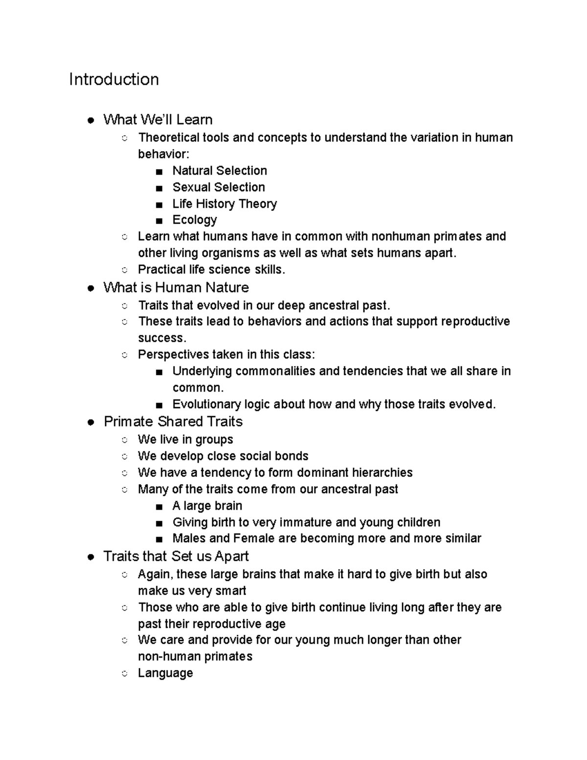 Evolution Human Nature Lecture Notes 1 - Introduction What We’ll Learn ...