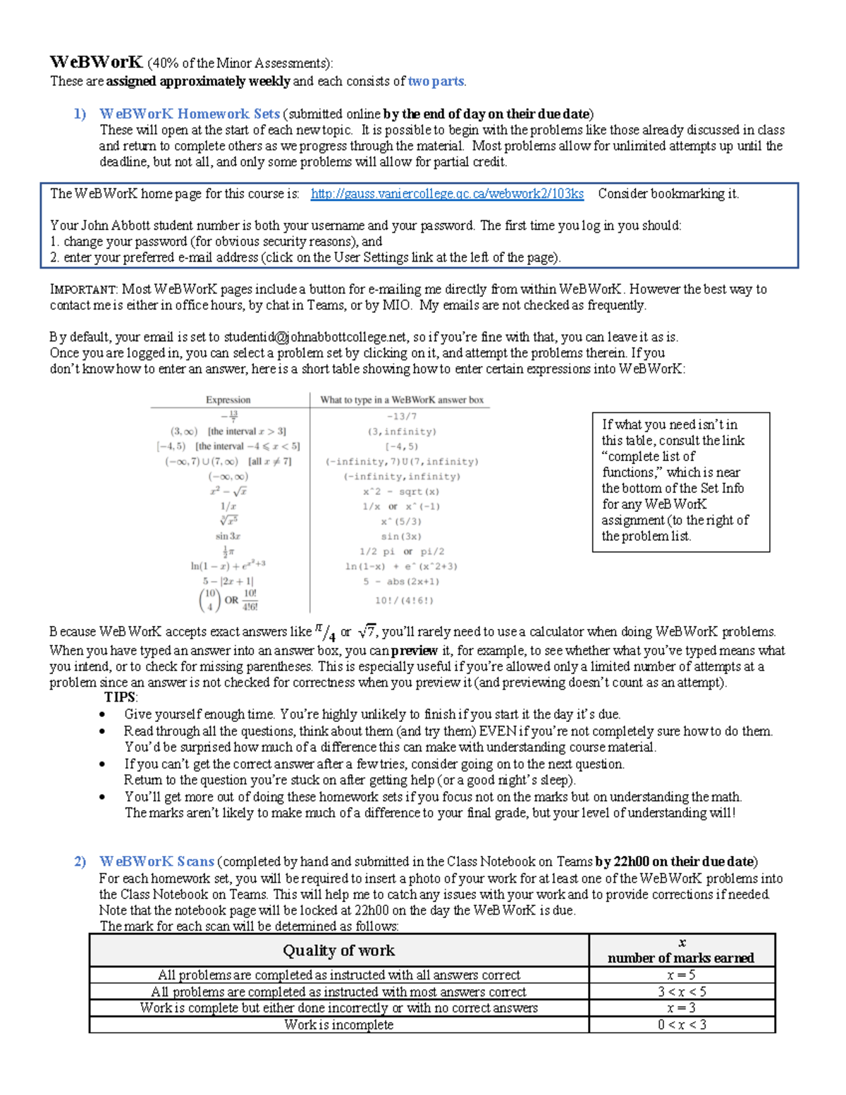 We BWor K 103 - calculus 1 - WeBWorK (40% of the Minor Assessments ...