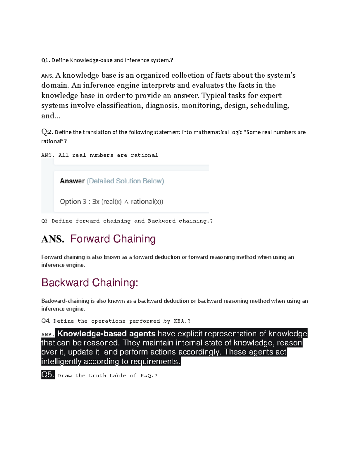 AI cat 2 solve Q1. Define Knowledgebase and Inference system