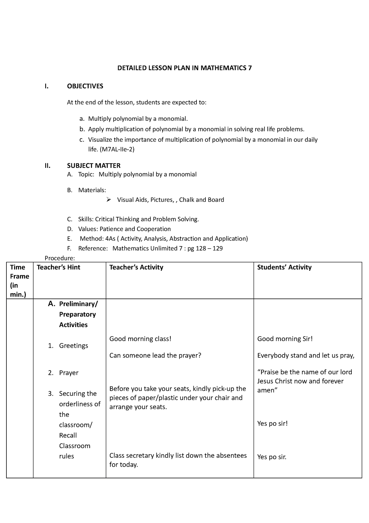 Detailed Lesson Plan Multiply Polynomial By A Monomial - Bsed ...