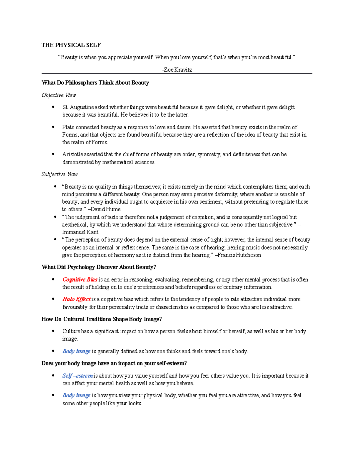 The Physical Self - Lecture notes 1 - THE PHYSICAL SELF “Beauty is when ...