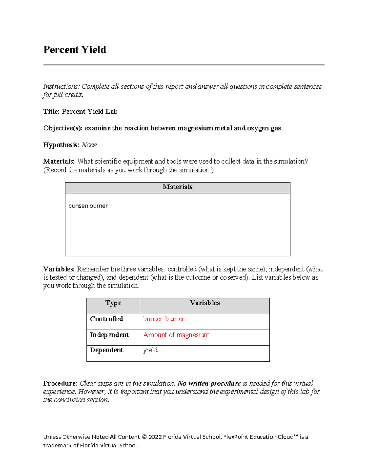 Worksheet 05 07 - Online lab - Percent Yield Instructions: Complete all ...